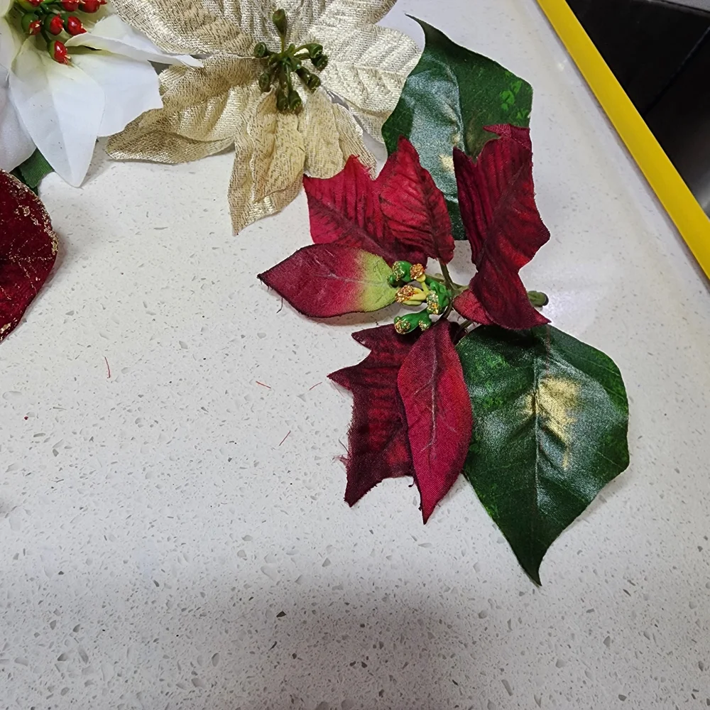 Vintage Lot Of 5 Red, White, and Gold Poinsettia Arrangement With Stems